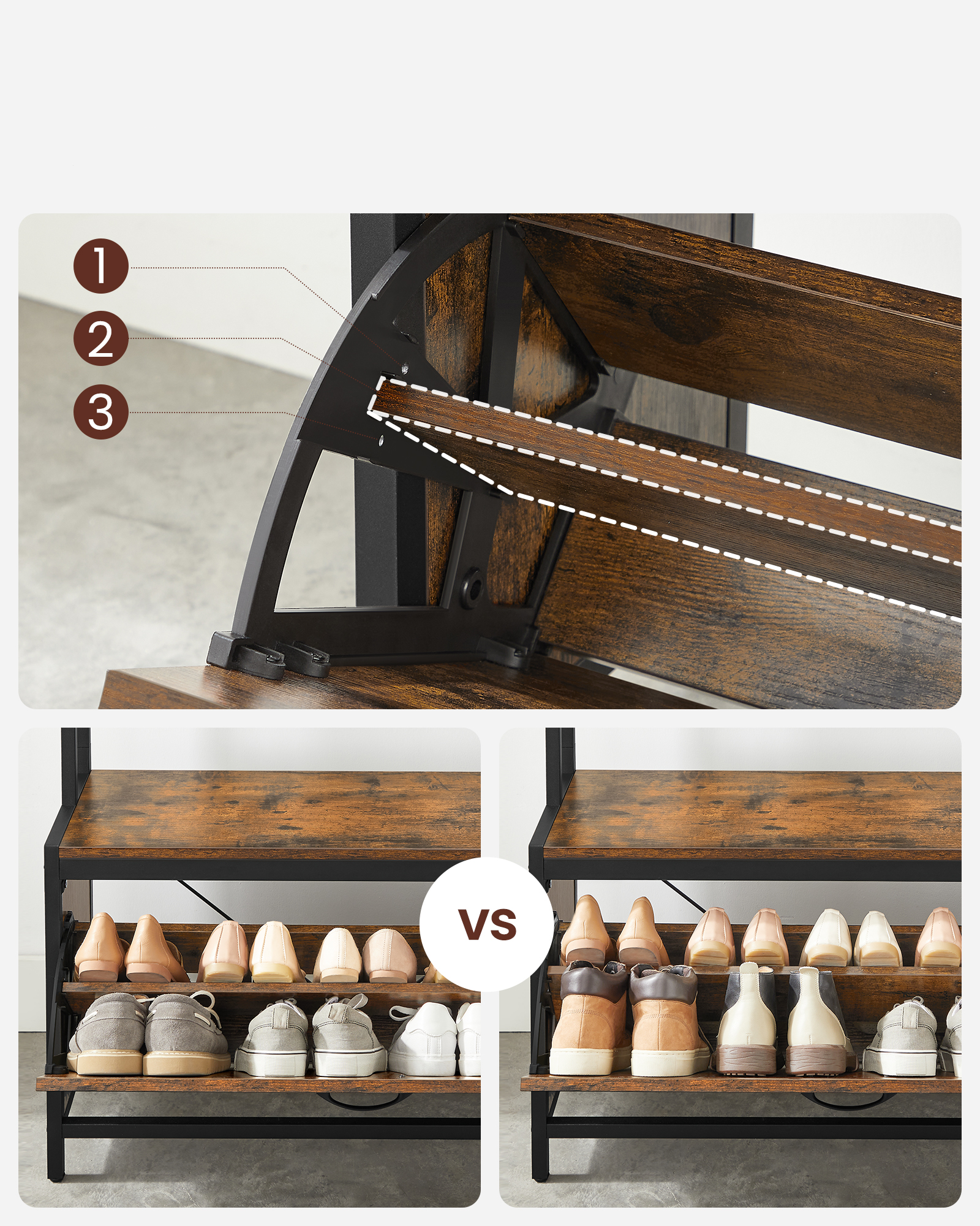 Appendiabiti Valora con seduta e ripiani per scarpe - Marrone rustico e nero