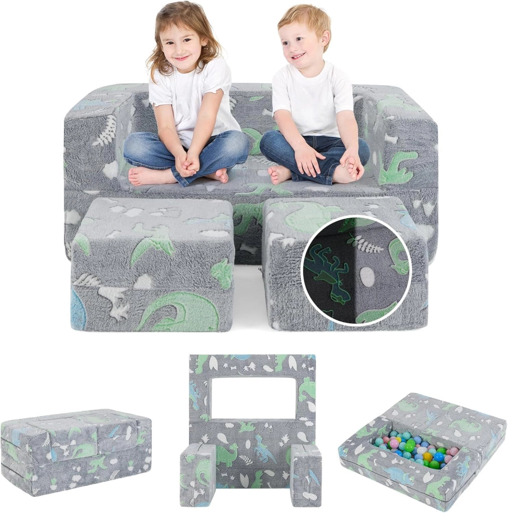 Divano Pieghevole 3 in 1 per Bambini Brilla al Buio, Poltrona Bambini con Rivestimento in Flanella Rimovibile e Lavabile, Pouf per Cameretta (Dinosauro Grigio)