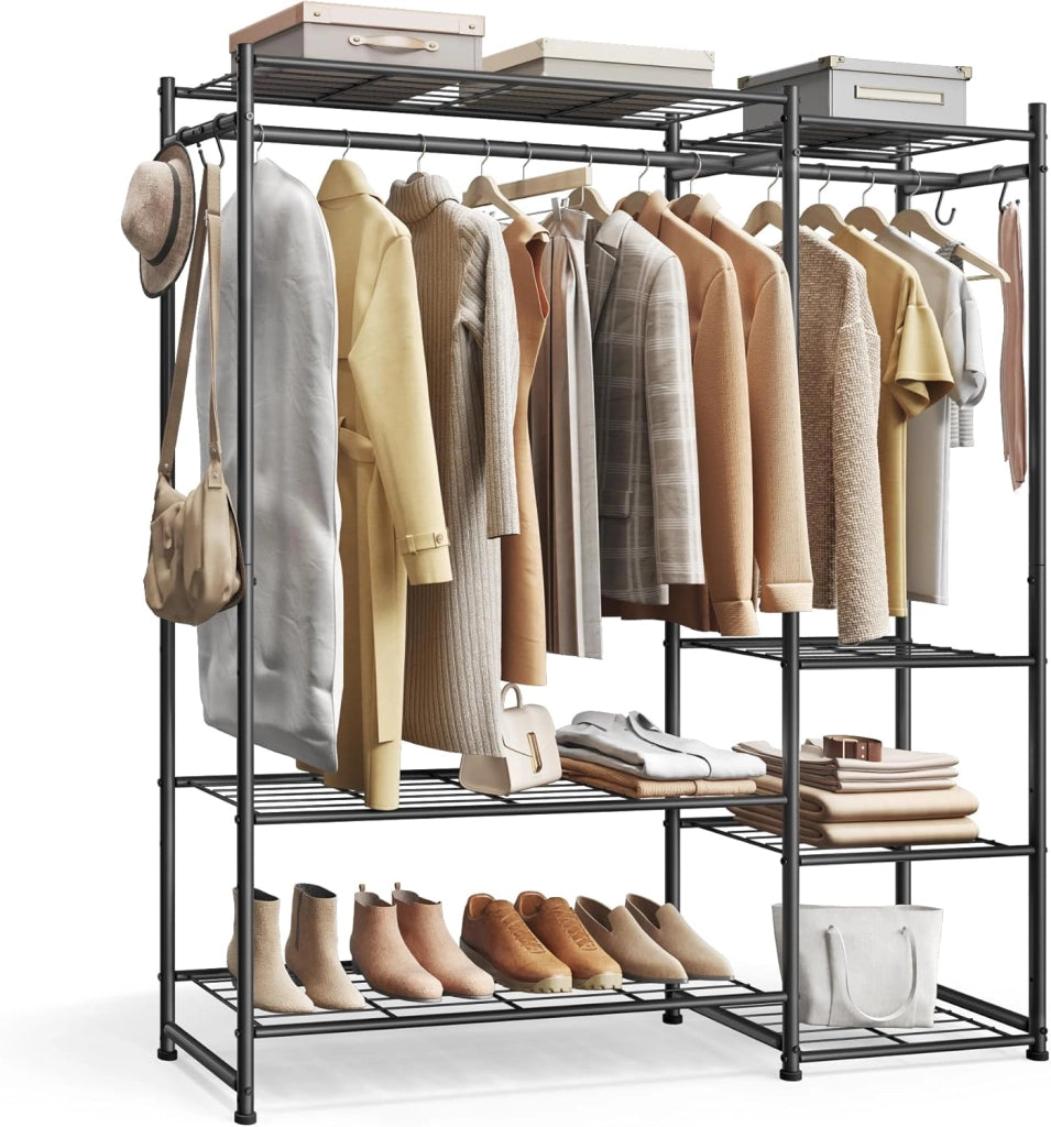 SONGMICS Stand Appendiabiti, Guardaroba Aperto, Armadio con 10 Ripiani, 3 Aste Appendiabiti, 4 Ganci a S, Metallo, per Camera da Letto Soggiorno Ingresso, Nero LGR011BZ01