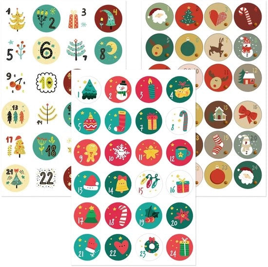 Calendario di Natale in Etichette Autoadesive 72 pezzi - Etichette Numeriche Autoadesive 1-24 - Multicolore - 3 Fogli - 4,5 cm - Carta di Carta Rigida Duratura - Etichette di Natale