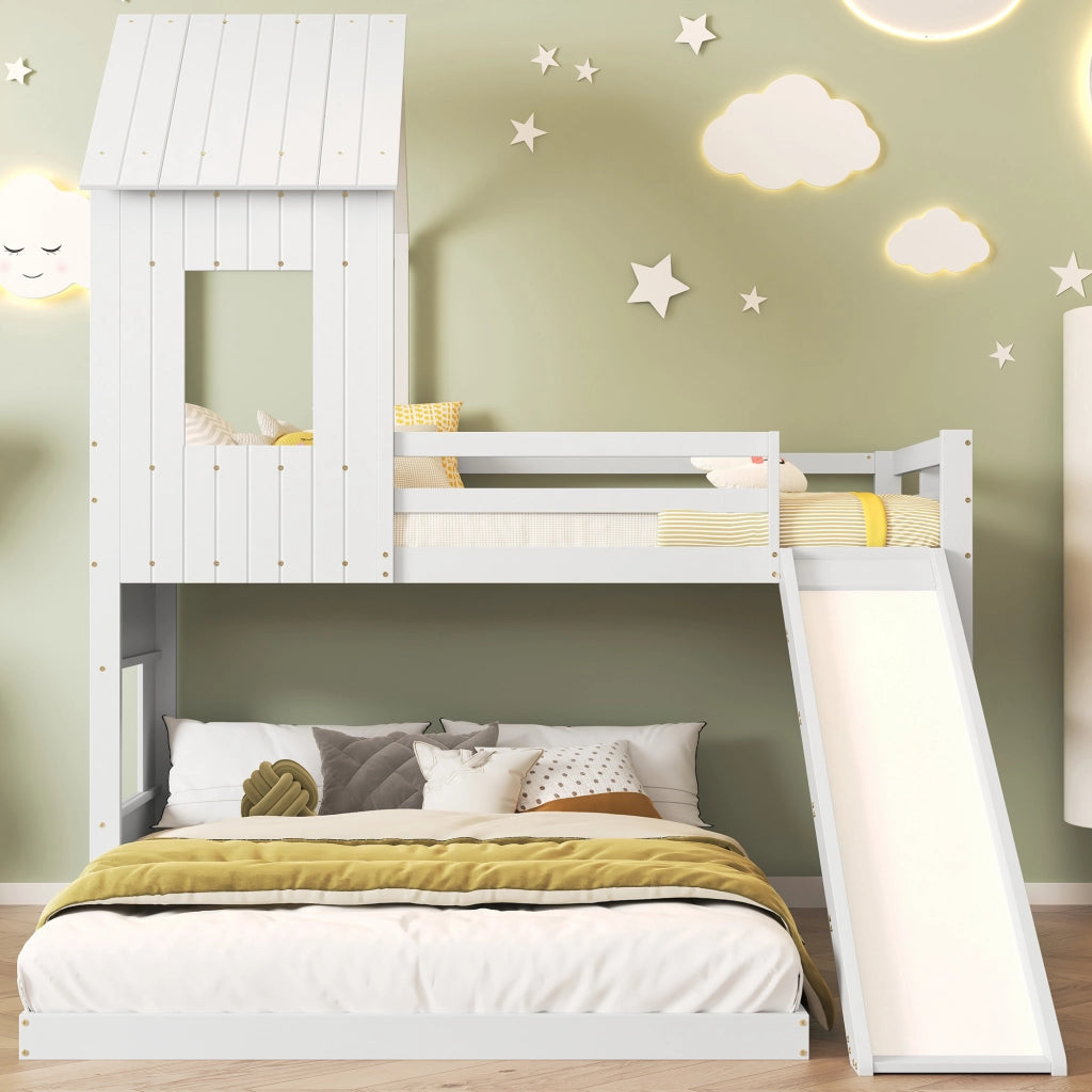 Letto a Castello Letto 3 Posti con Scivolo; Sponda e Scala; 90×200 cm e 140×200 cm; senza Materasso
