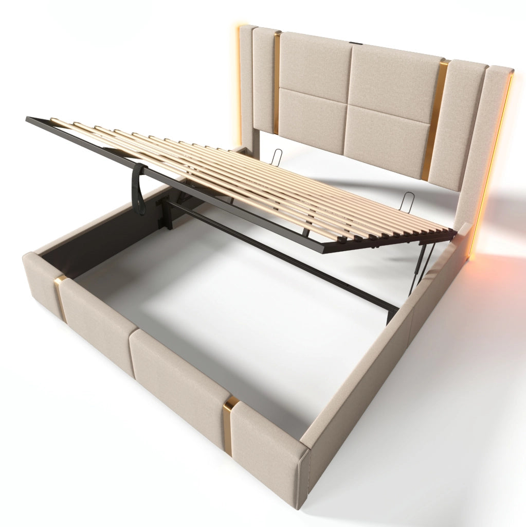 Letto imbottito matrimoniale con contenitore; LED RGB; USB e Type-C; 180x200 cm; beige