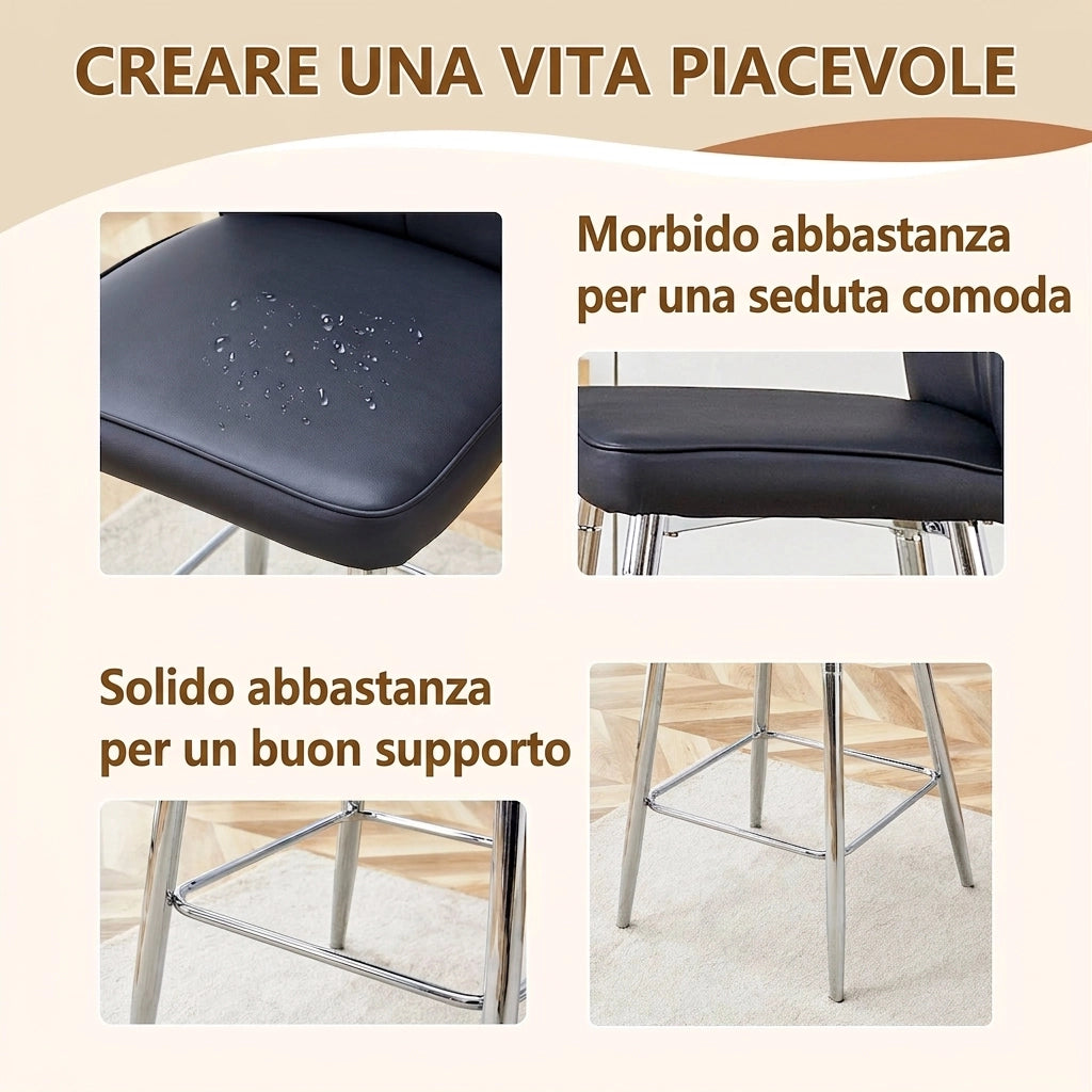 Set di 2 sgabelli da bar neri alti 101 cm in ecopelle con schienale ergonomico e gambe in metallo argento