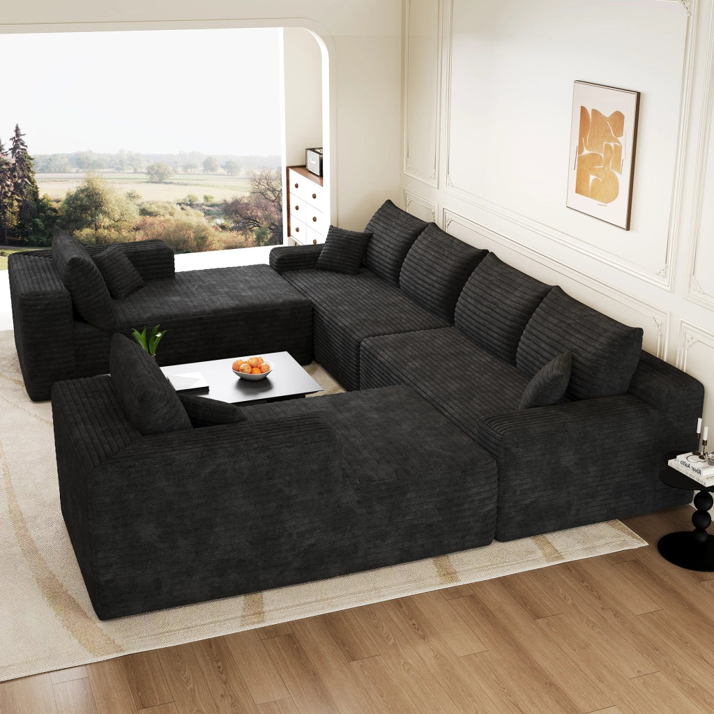 Divano modulare con montaggio senza attrezzi e imbottitura in schiuma elastica in tessuto nero 302 × 242 × 83 cm