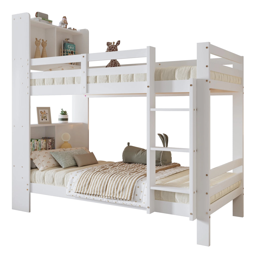 Letto a castello con ripiani e scala dritta a 3 gradini; bianco; 90x200 cm