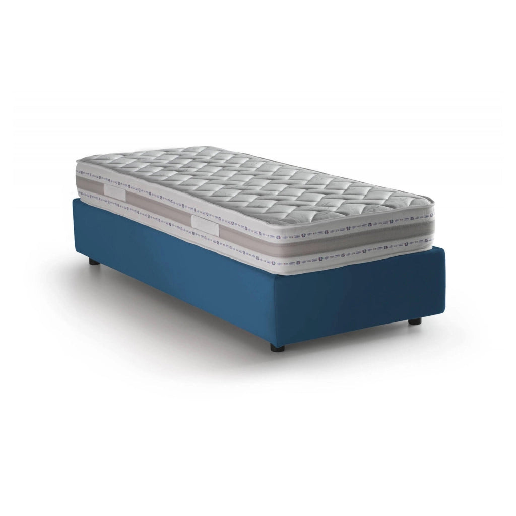 Letto singolo Addison, Letto contenitore con rivestimento in tessuto, Made in Italy, Apertura frontale, con materasso cm 90x190 incluso, Blu