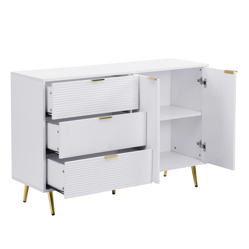 Credenza 120x38x80.5 cm con 3 cassetti e 2 ante; MDF bianco e oro