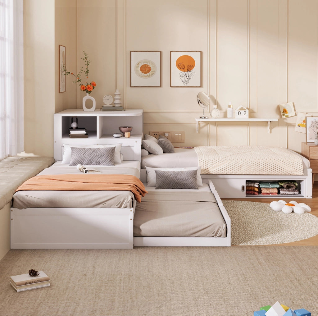 Letto singolo a L 90x200 cm con letto estraibile e LED