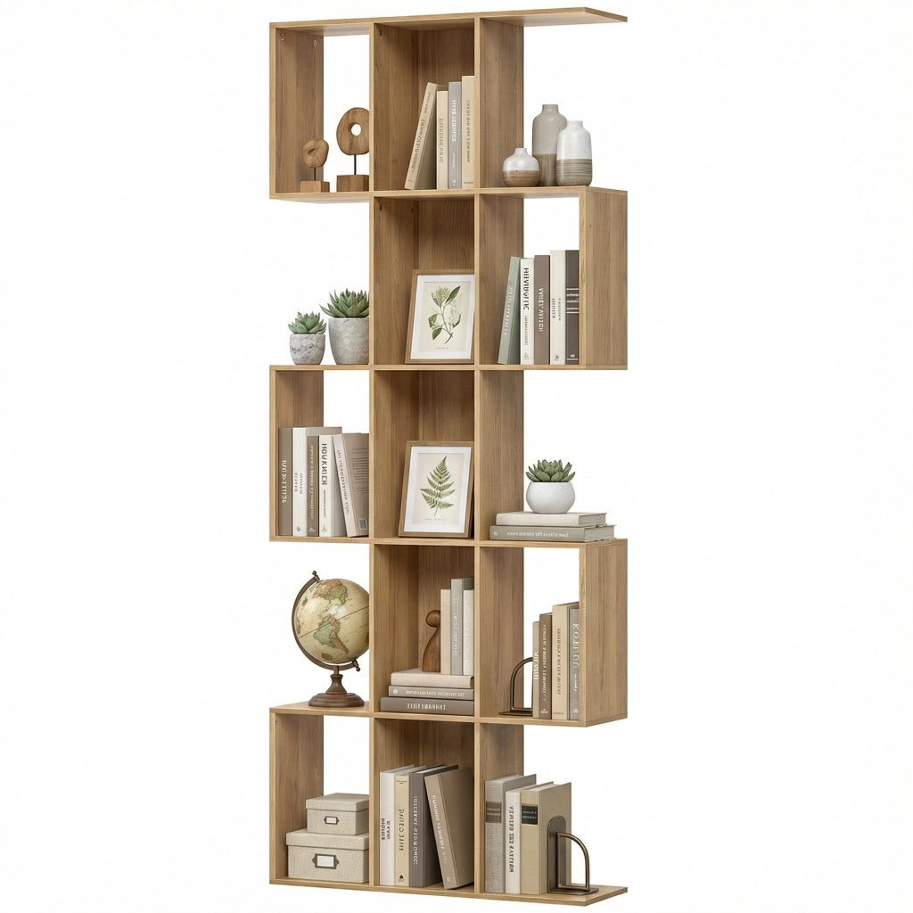 Libreria Scaffale a 5 Livelli a S con 15 Ripiani ¨C Zephmum ¨C Legno Rovere 80x24x200 cm