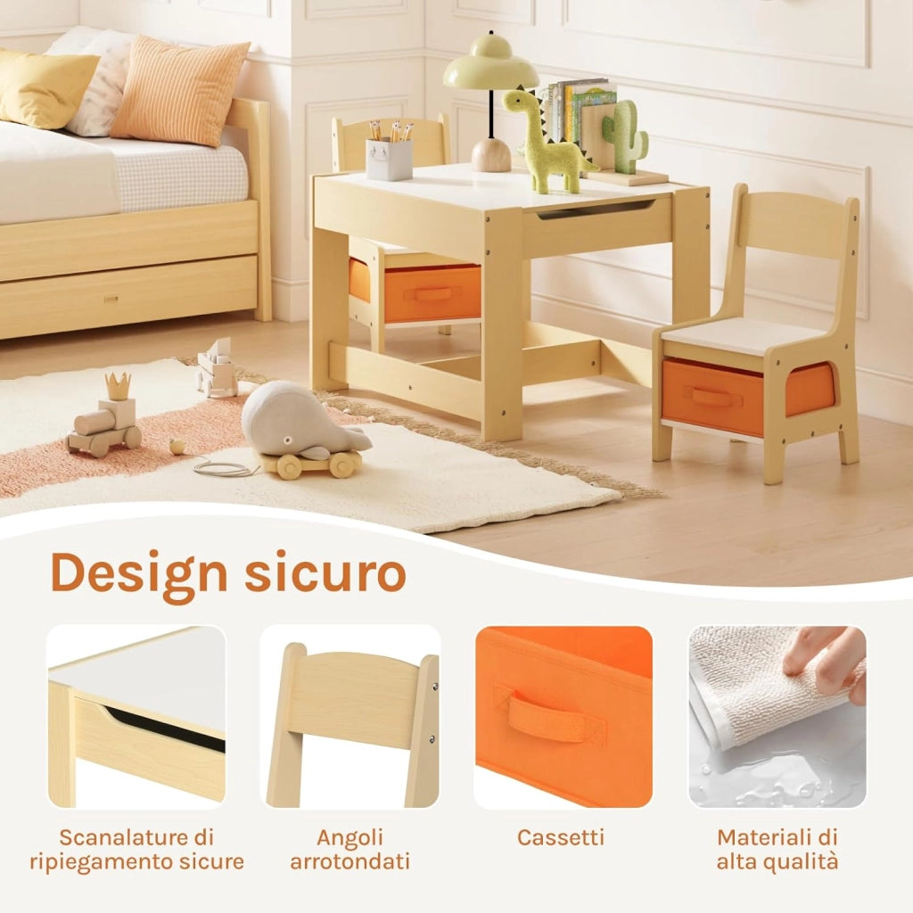 Set Mobili con Lavagna Contenitore Tavolo e Sedie per Bambini Soggiorno Tavolino con 2 Sgabelli in Legno