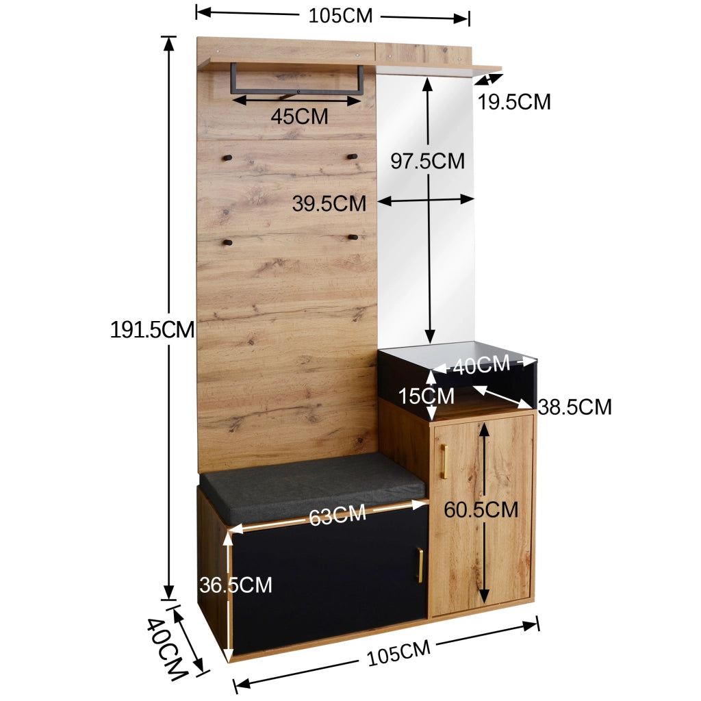 OKWISH Mobile da Ingresso con Specchio, Panca Scarpiera, 4 Ganci e Appendiabiti, 2 Vani, 105×40×191.5 cm