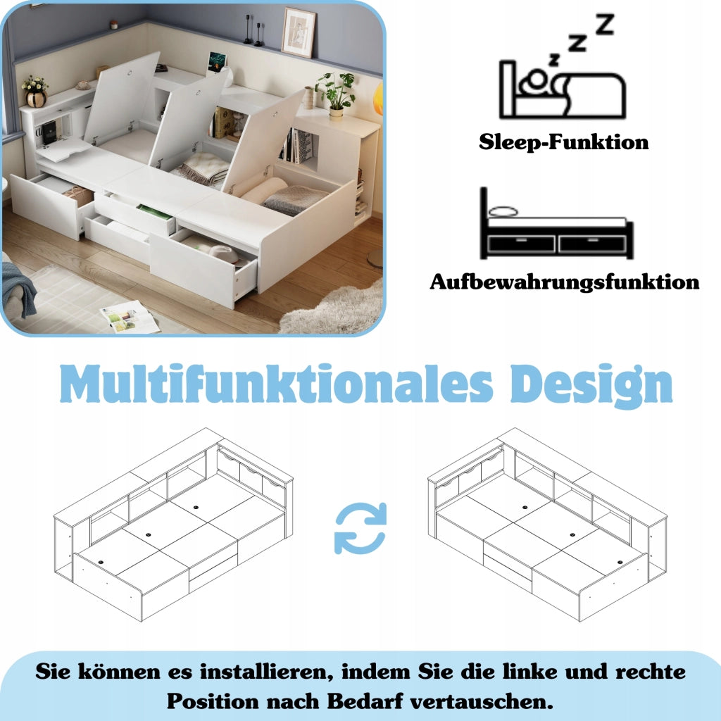 Letto singolo per bambini 90x200 - Xylo - Bianco con cassetti e scaffale