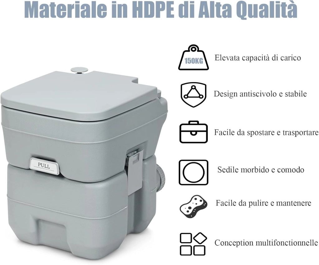 WC Portatile 20L, Bagno Chimico con 2 Serbatoi Rimovibili, Coperchio Anti-Odore, Maniglia, Carico Massimo 150 KG, Toilette Portatile per Campeggio, Viaggi, Auto, 36 X 42 X 43 CM (Grigio)
