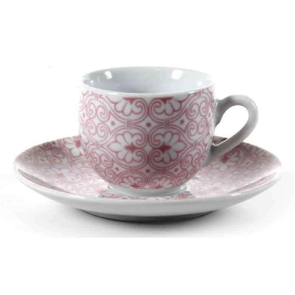 Trade Shop - Set 6 Pz Tazzine Caffè + 6 Piattini Tazzina Classico Moderno Damasco Rosa 720390 -