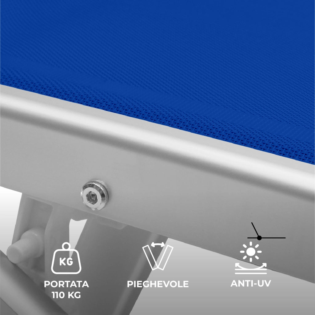 Lettino Prendisole Professionale Pieghevole e Impilabile con Parasole Regolabile, Schienale Reclinabile 2 Posizioni, Struttura in Alluminio, Tessuto Impermeabile UV Resistente, Portata 110 Kg Blu