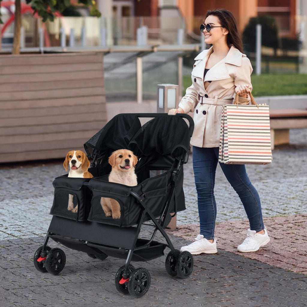 Passeggino doppio animali carrozzina 2 posti tettuccio regolabile, Passeggino doppio animali cuscino sicurezza Nero