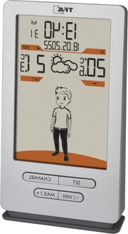 Stazione meteorologica wireless per temperatura esterna e interna con previsione del tempo e suggerimenti di abbigliamento - orologio radiografico - argento - 82 x 27 x 140 mm
