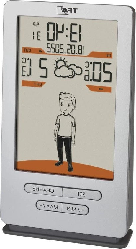Stazione meteorologica wireless per temperatura esterna e interna con previsione del tempo e suggerimenti di abbigliamento - orologio radiografico - argento - 82 x 27 x 140 mm
