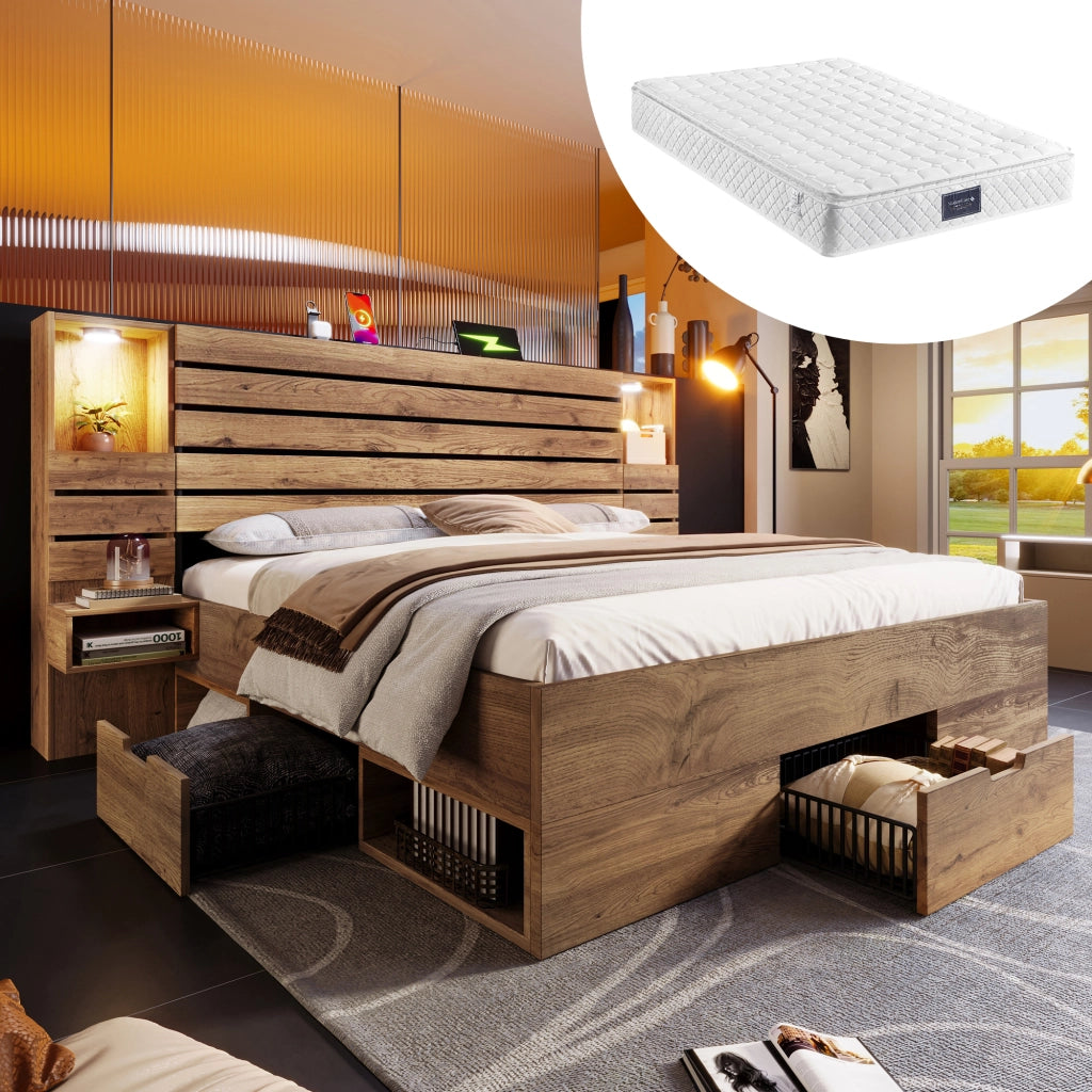 Letto matrimoniale in legno - Zephmum - 160x200 cm - LED, USB-C, comodini sospesi, cassetti