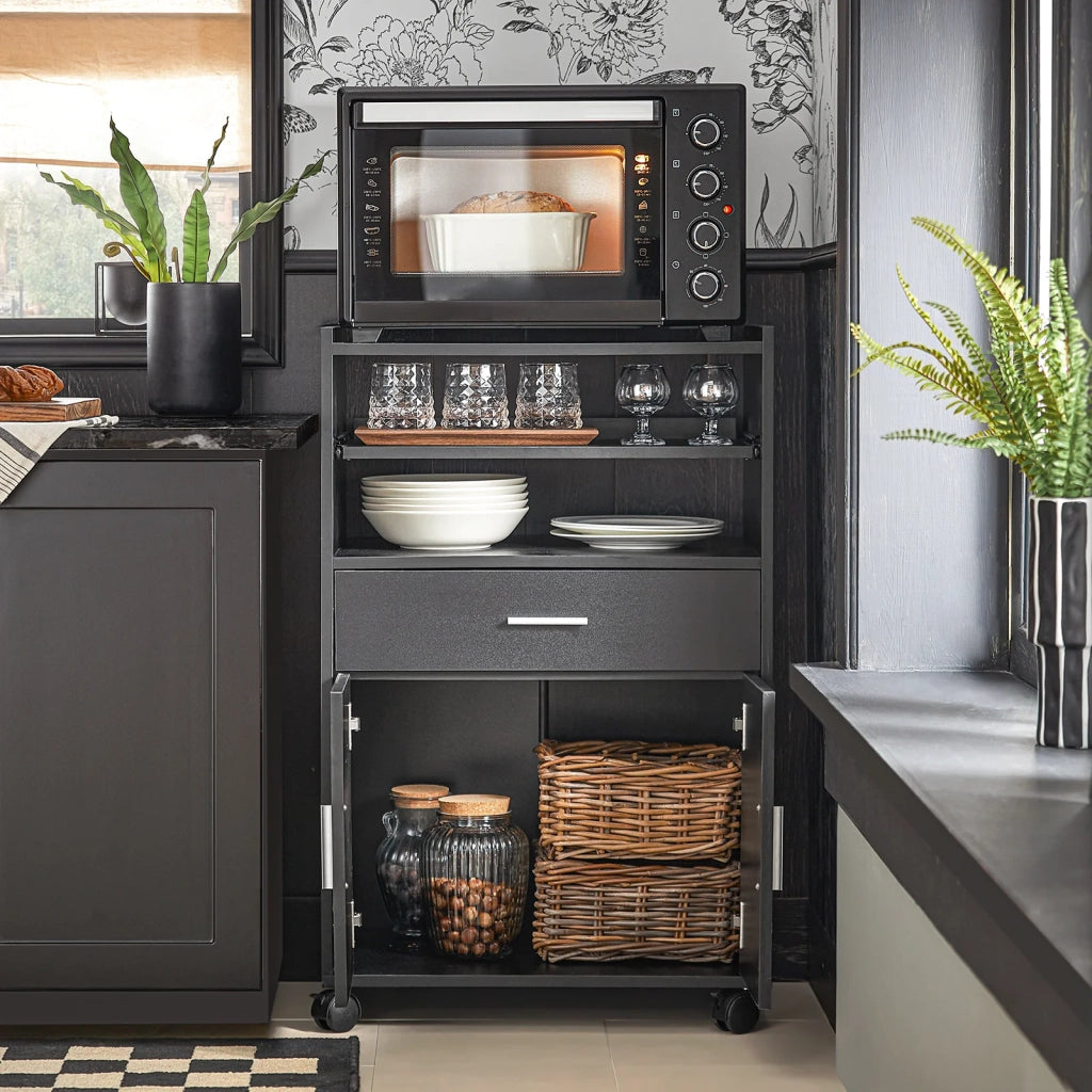 Scaffale per Forno a microonde, Carrello da cucina,credenza con route, Nero FSB09-SCH