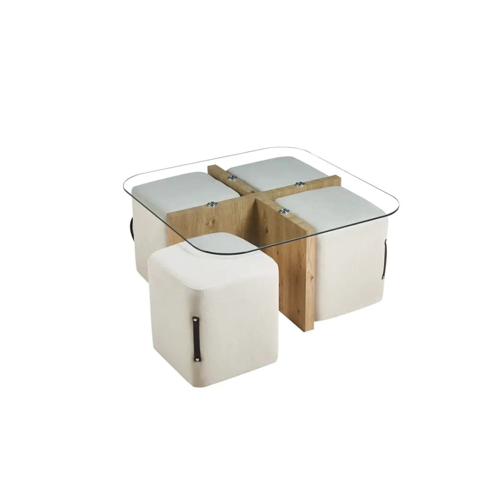 Tavolino QUADORA – Quadrato 90x90 cm – Vetro & quercia invecchiata – Con 4 pouf bianchi – Design pratico ed elegante