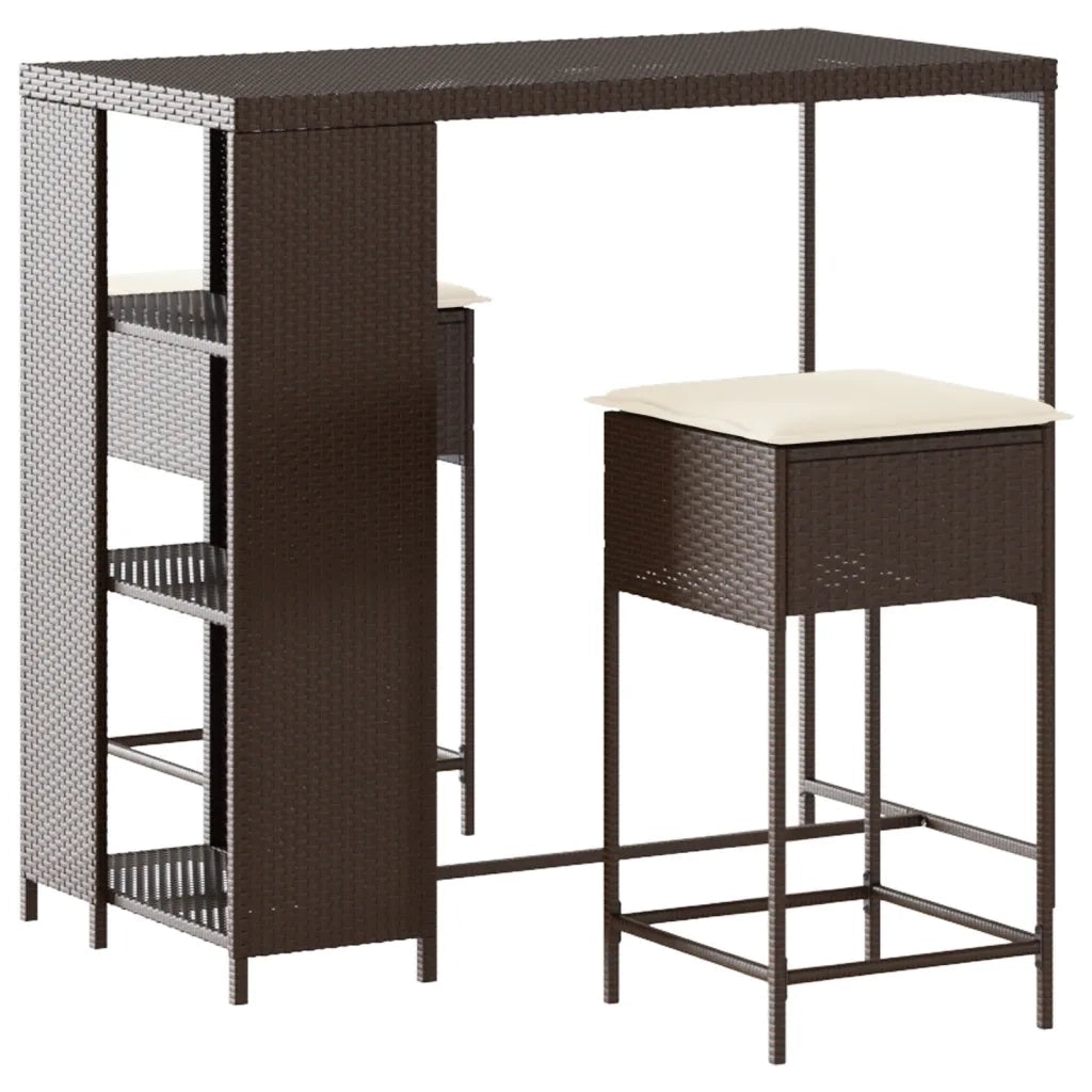 Set Bar da Giardino 3 pz | Set Salotto da Giardino con Cuscini in Polyrattan Marrone