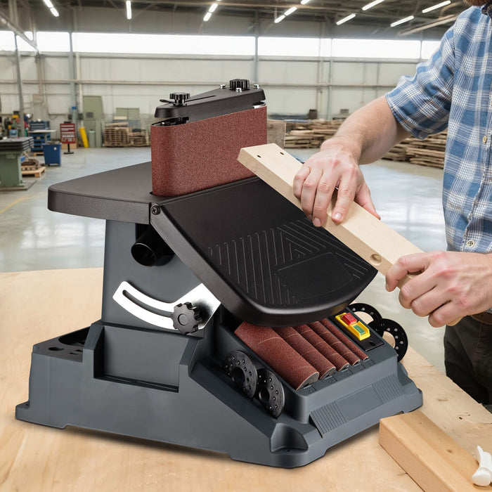 Levigatrice a mandrino oscillante 500 W, 2000/min, funzionamento a rullo e a nastro, con 5 bussole, Smerigliatrice