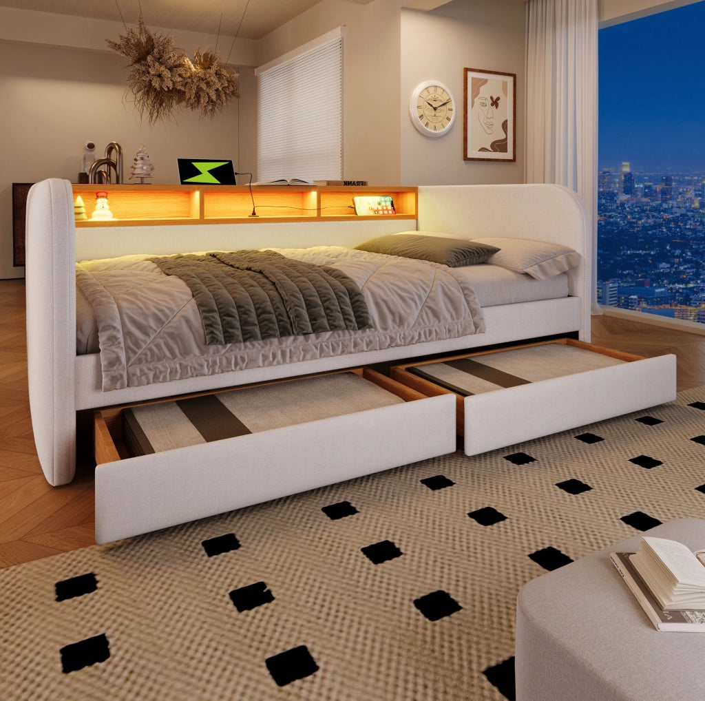 Letto imbottito 140x190 cm con LED, USB-C, 2 cassetti e testiera contenitore beige