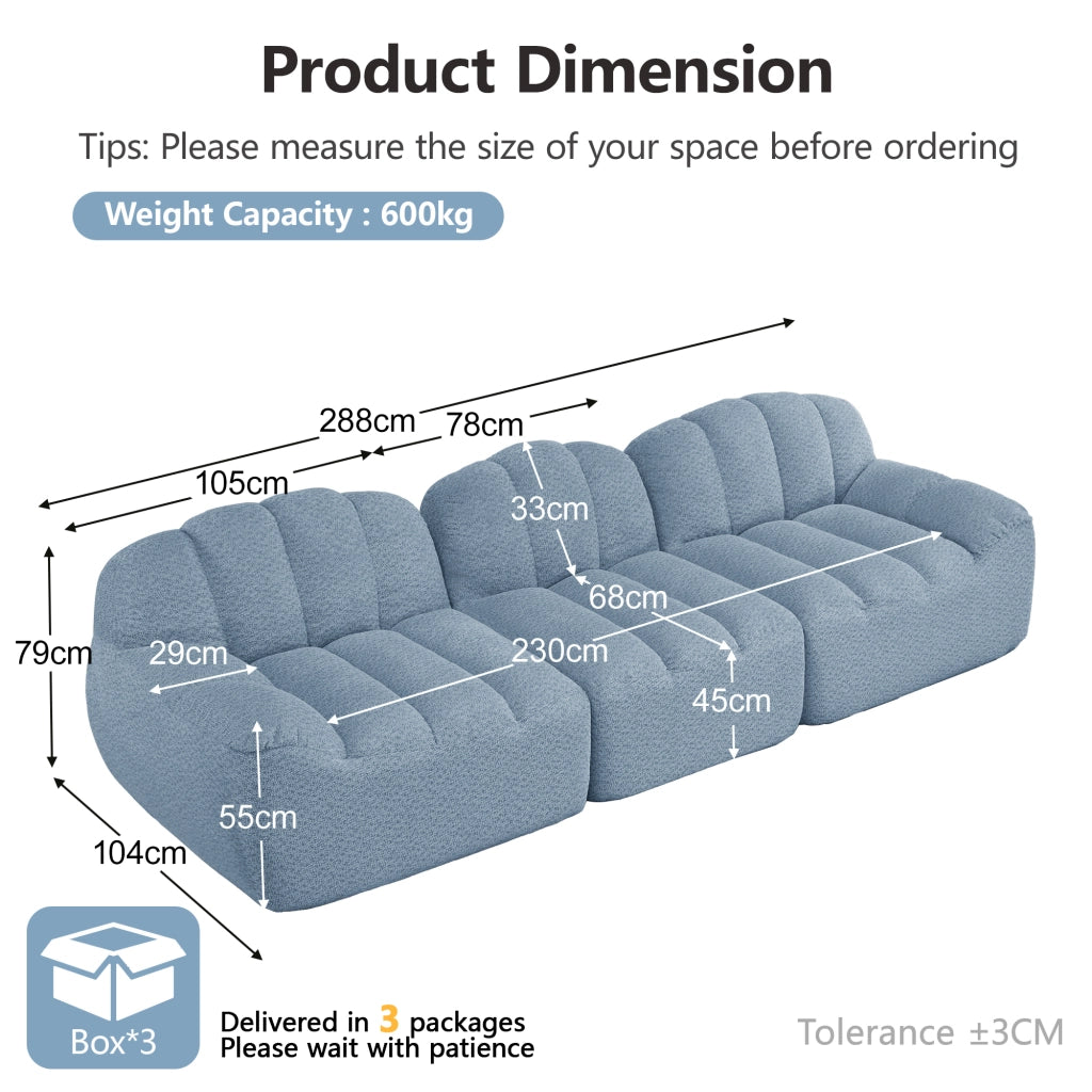 Sofa modulare a 3 posti senza struttura con seduta profonda in pile granulare per soggiorno blu 288 × 104 × 79 cm