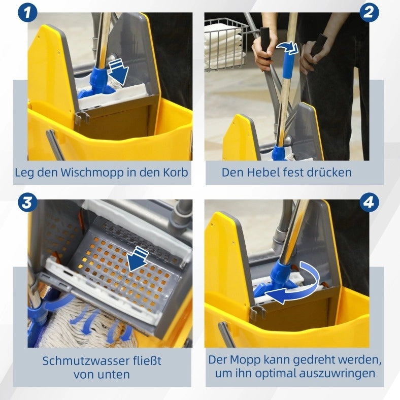 Carrello per pulizia 26 L con strizzatore e ruote, giallo