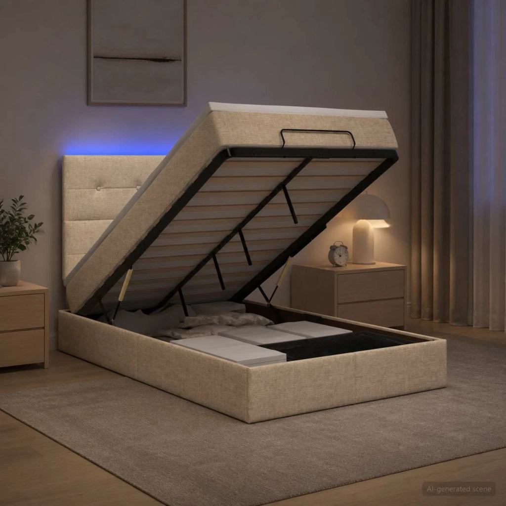 Letto Ottomano con Materasso e LED Crema 120 x 190 cm Tessuto 3458060