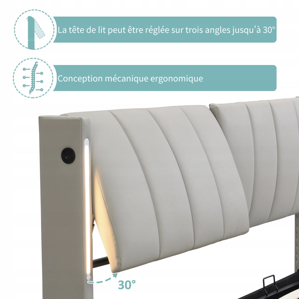 Letto imbottito con LED - Xylo - 140x190 - Grigio - Sistema idraulico