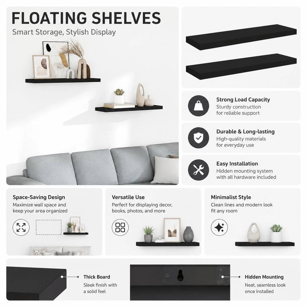 Floating Shelves, 2 Pieces, Black, 80x23.5x3.8 Cm, MDF