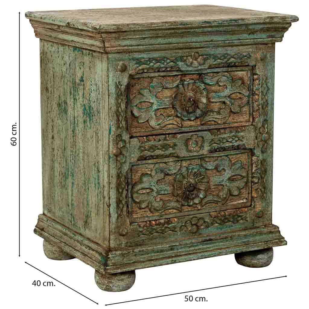 Comodino in legno artigianale, blu, con 2 cassetti, 50x40x60h cm