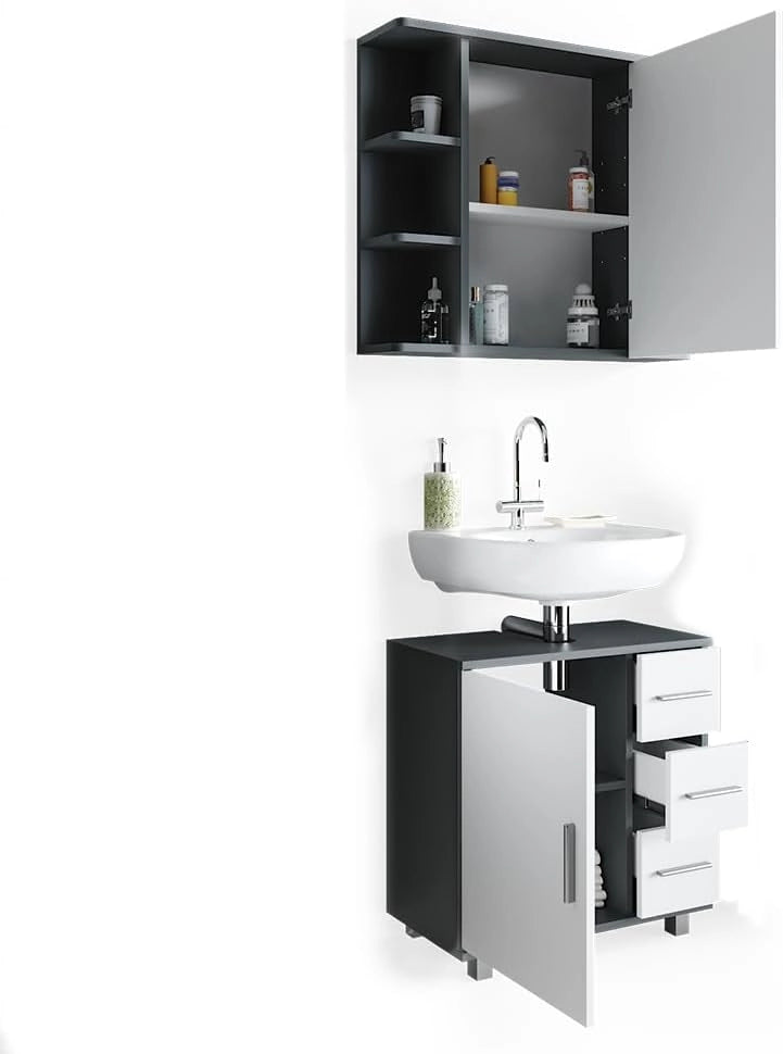 Set mobili bagno Ilias, Antracite, 60 cm, composto da specchio da bagno e mobile sottolavabo