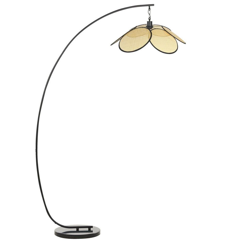 Lampada da terra ad arco in metallo nero con paralume in carta effetto rattan