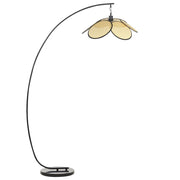 Lampada da terra ad arco in metallo nero con paralume in carta effetto rattan