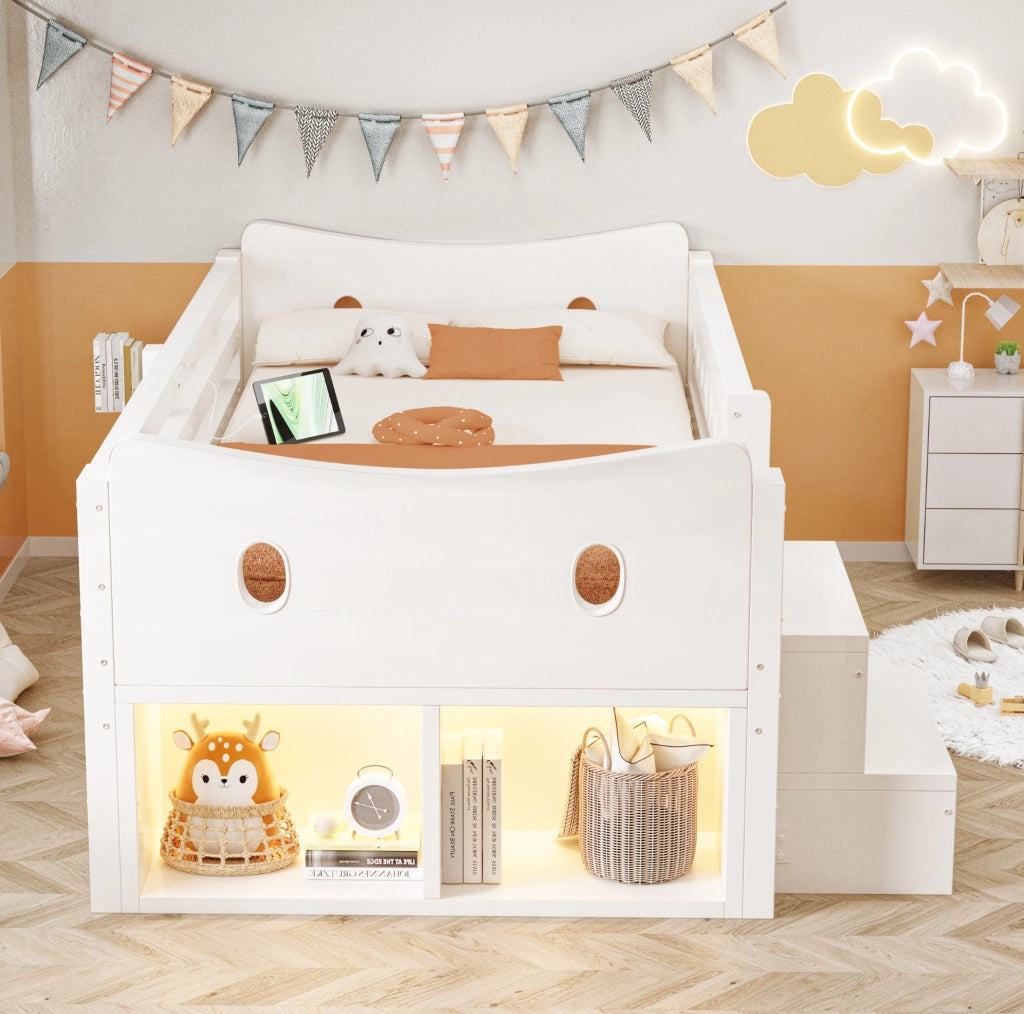 Letto singolo per bambini 90x200 cm con 4 cassetti; LED; USB e Type-C; bianco