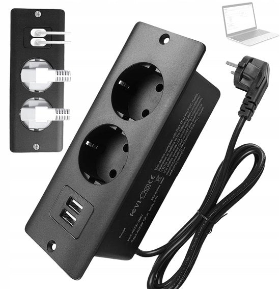 Stopcontatto a incasso 2-fuochi con porta USB e cavo da 1,5m
