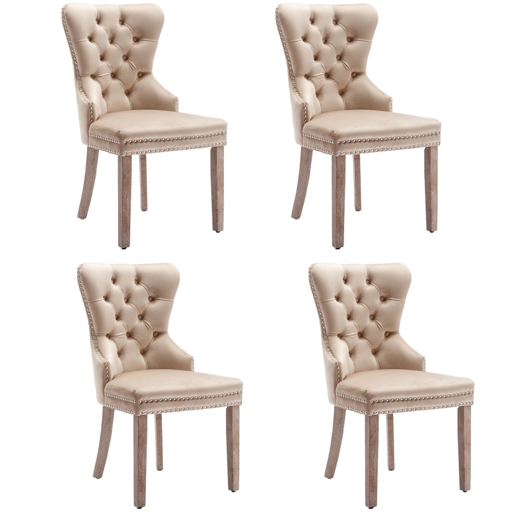 Sedie da Pranzo Imbottite in Velluto ¨C MINIMAL ¨C Beige, Gambe in Legno Massello, Set 4 Pezzi