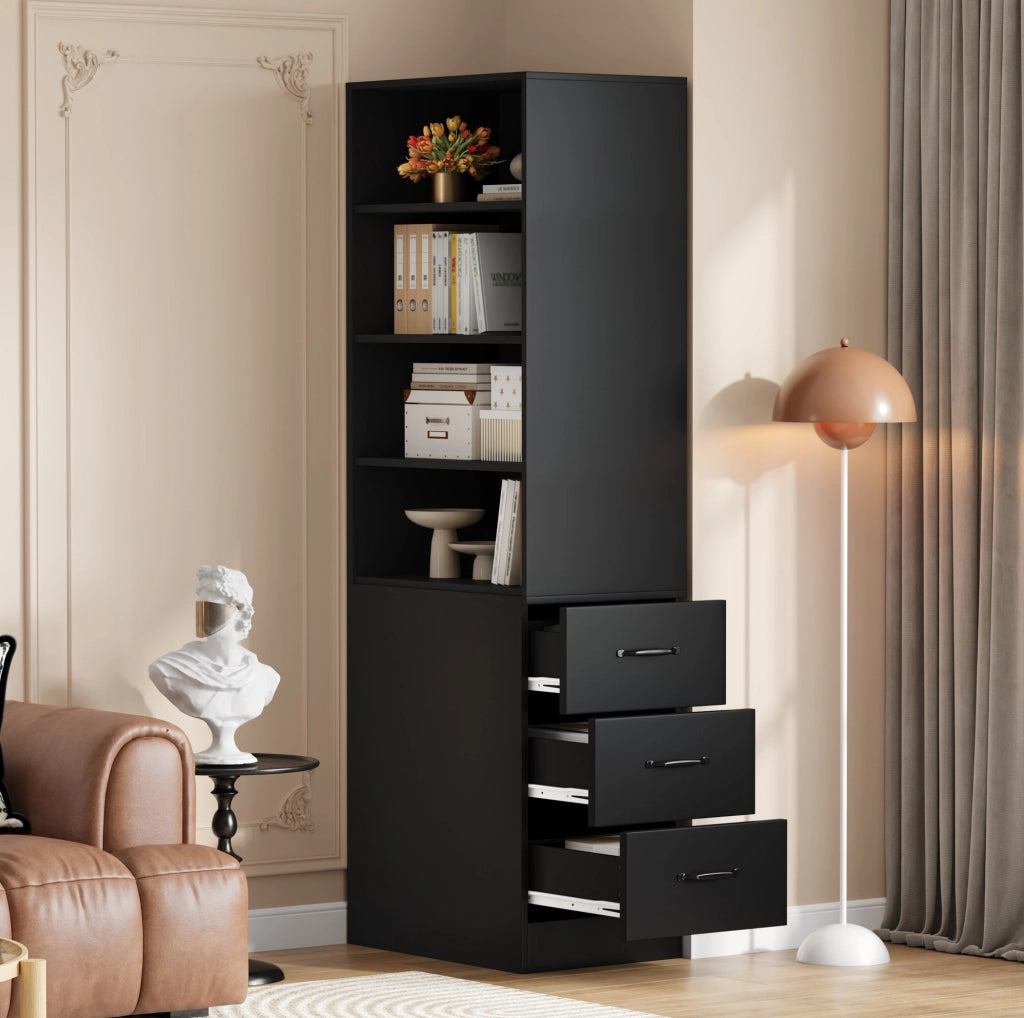 Libreria stretta da 180 cm con 3 cassetti laterali; 60x38x180 cm; nero; in truciolare