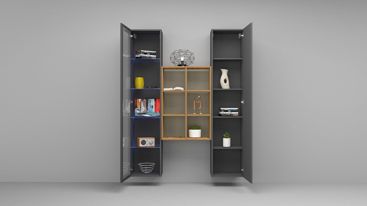 Parete Attrezzata Soggiorno 140x30x180 cm Maruska n°16 Grigio Antracite Opaco