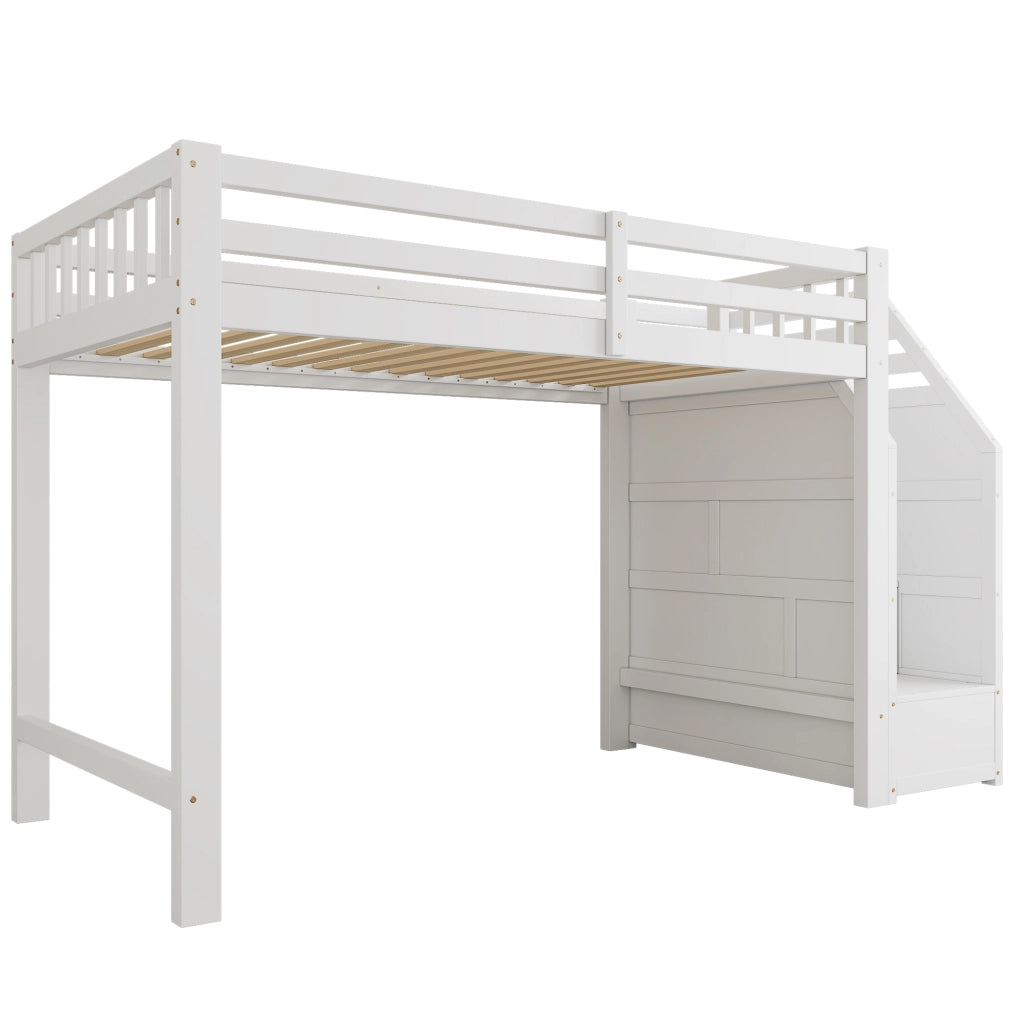 Letto a soppalco singolo 90×200 cm con sponde e scale contenitore; senza materasso; pino; bianco
