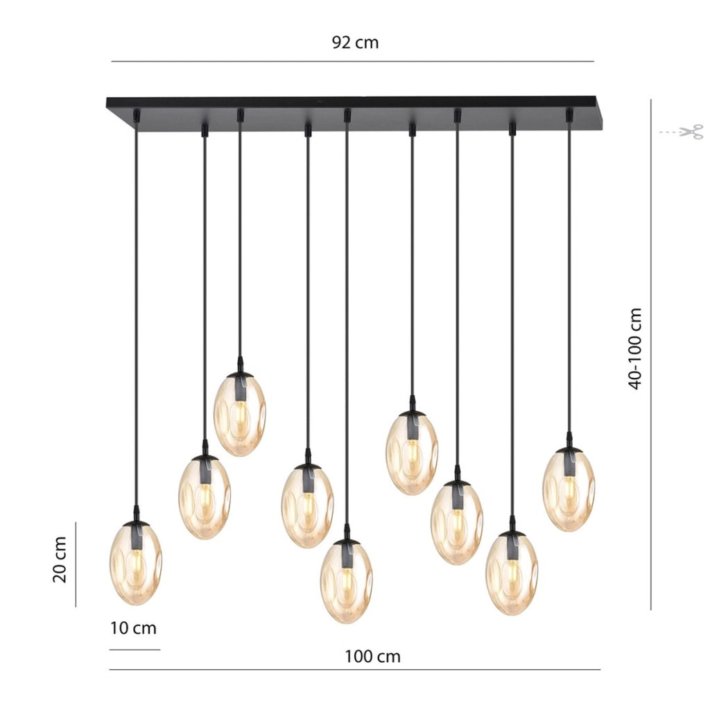 Lampada a sospensione Astral con nove diffusori in vetro ambra