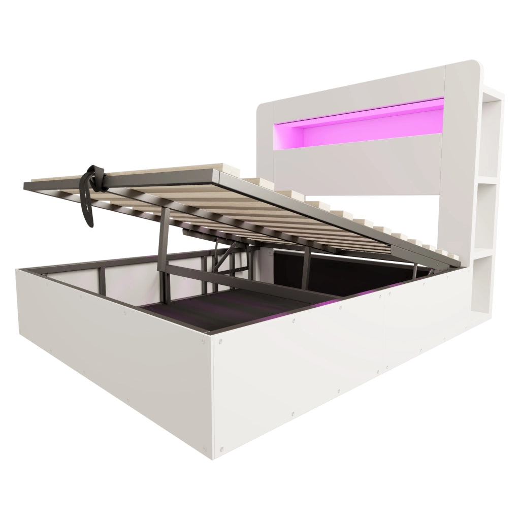 Letto Contenitore 140x200 cm e 180x200 cm con LED; prese e mensole in legno bianco