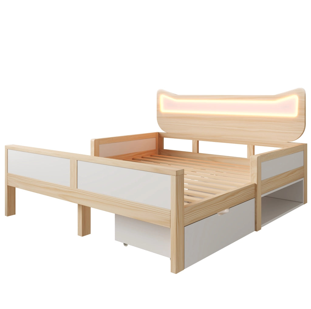 Letto per bambini 140x200 cm con LED; cassetto e vano contenitore; legno bianco e rovere