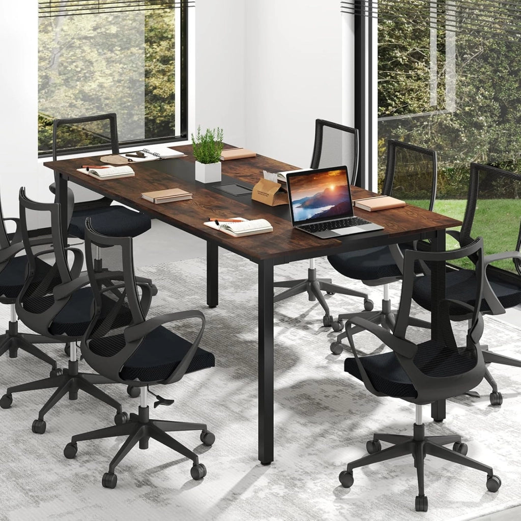 Tavolo da conferenza, 180 x 90 cm, con foro cavo, gambe in metallo, extra lungo, per sala riunioni, sala riunioni, marrone rustico, per 8-10 persone