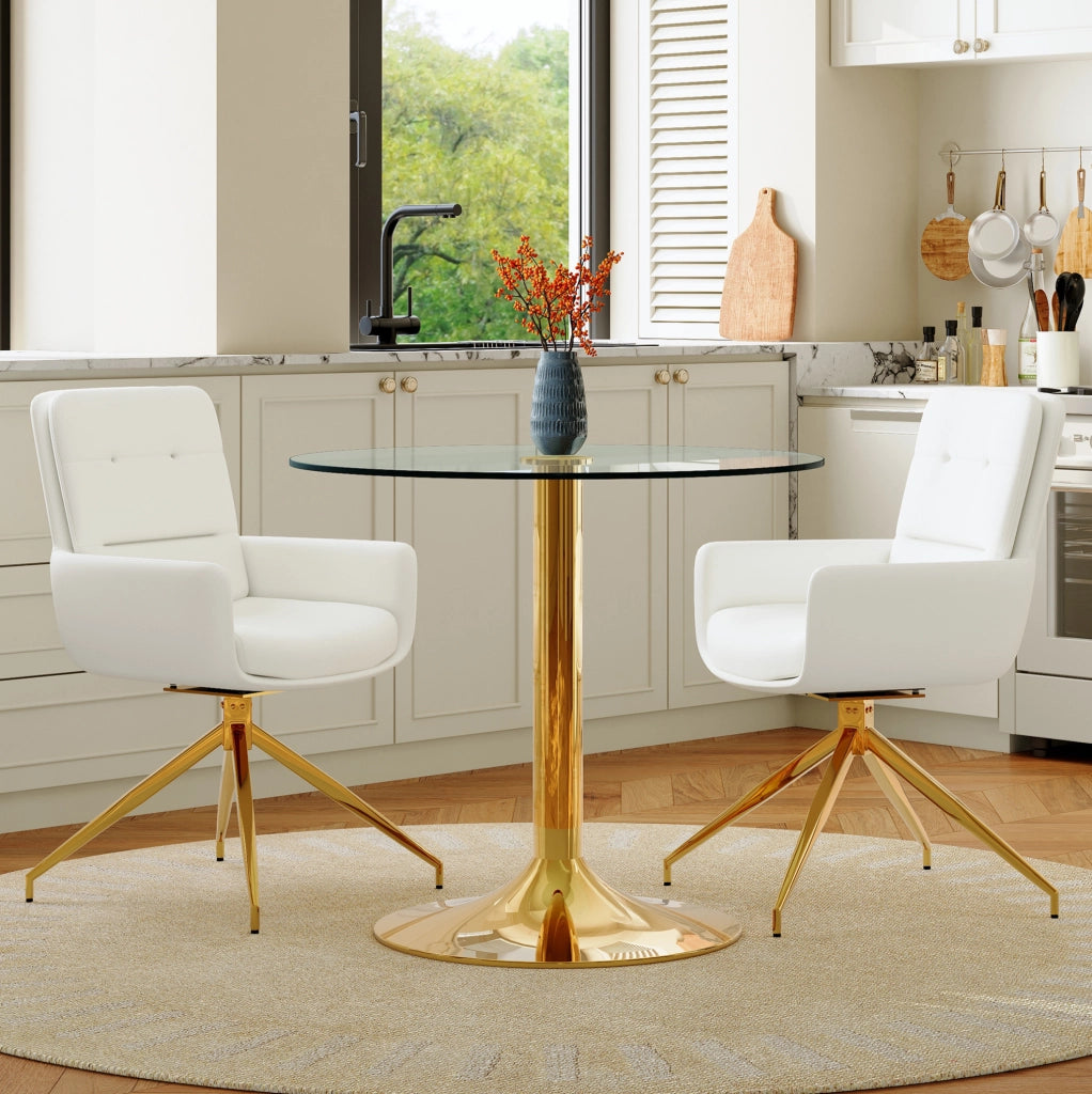 Set tavolo rotondo in vetro e 2 sedie girevoli bianco oro