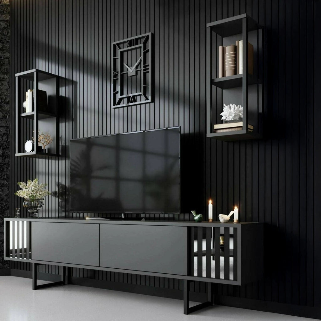 Mobile porta TV Iva, Credenza da soggiorno, Armadio basso per TV, Base parete attrezzata, 180x30h48 cm, Antracite e Nero