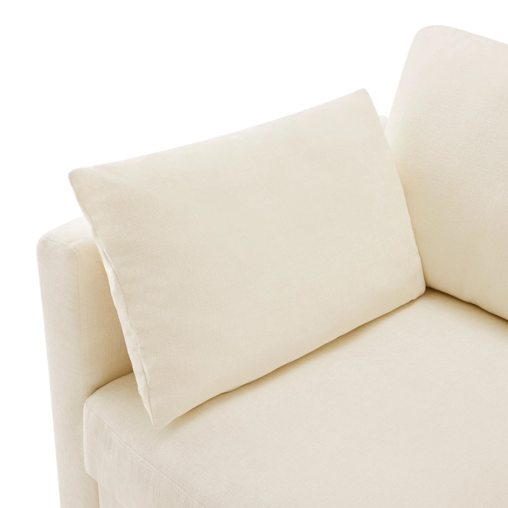 Divano angolare modulare 3 posti con pouf; in tessuto chenille beige; 218x156;5x86 cm